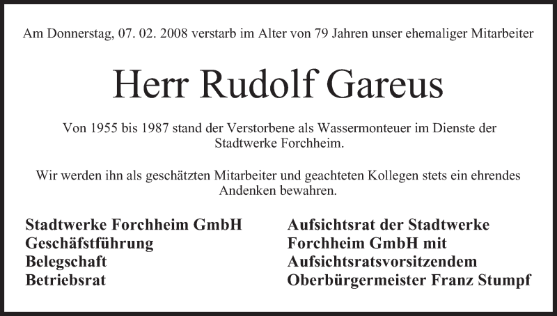  Traueranzeige für Rudolf Gareus vom 12.02.2008 aus MGO