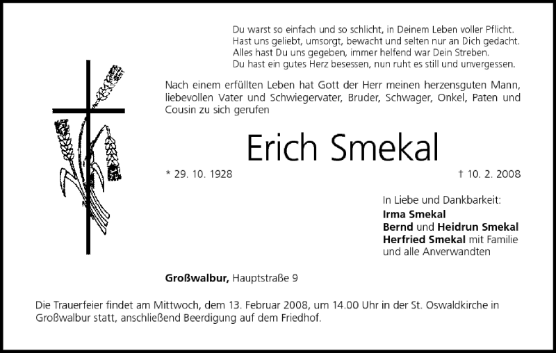  Traueranzeige für Erich Smekal vom 12.02.2008 aus MGO