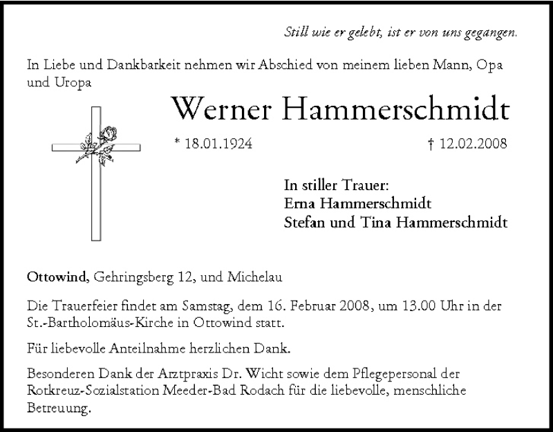  Traueranzeige für Werner Hammerschmidt vom 14.02.2008 aus MGO