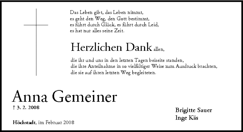  Traueranzeige für Anna Gemeiner vom 16.02.2008 aus MGO