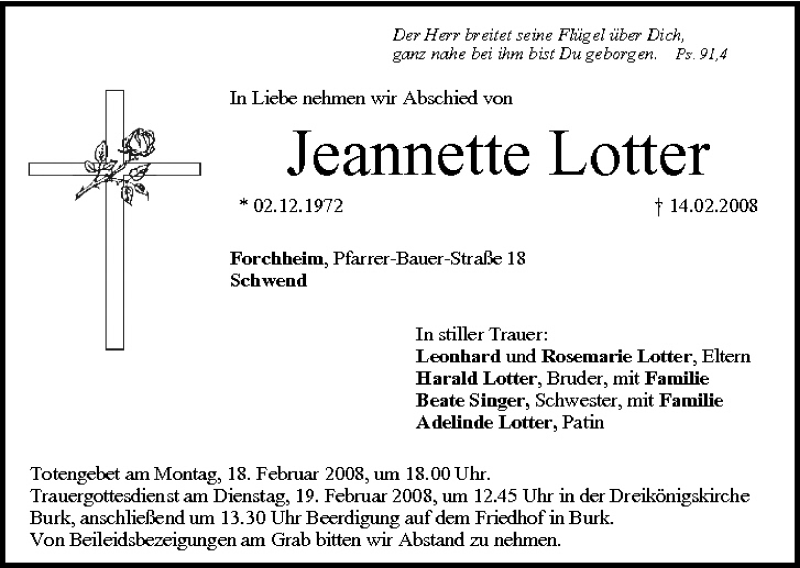  Traueranzeige für Jeannette Lotter vom 16.02.2008 aus MGO