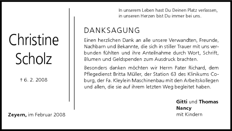  Traueranzeige für Christine Scholz vom 20.02.2008 aus MGO