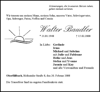 Anzeige von Walter Baudler von MGO
