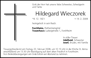 Anzeige von Hildegard Wieczorek von MGO