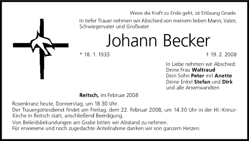 Traueranzeige für Johann Becker vom 21.02.2008 aus MGO