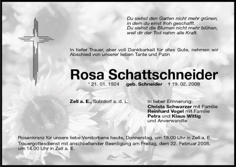  Traueranzeige für Rosa Schattschneider vom 21.02.2008 aus MGO