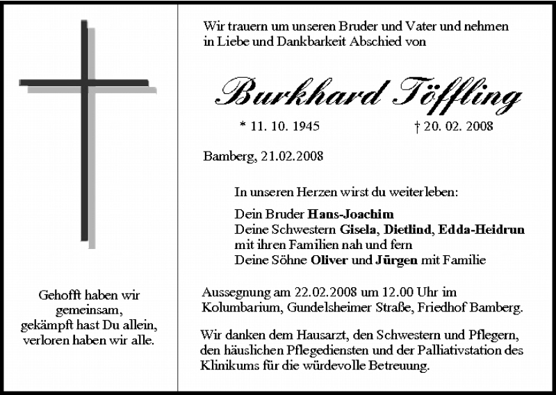  Traueranzeige für Burkhard Töffling vom 21.02.2008 aus MGO