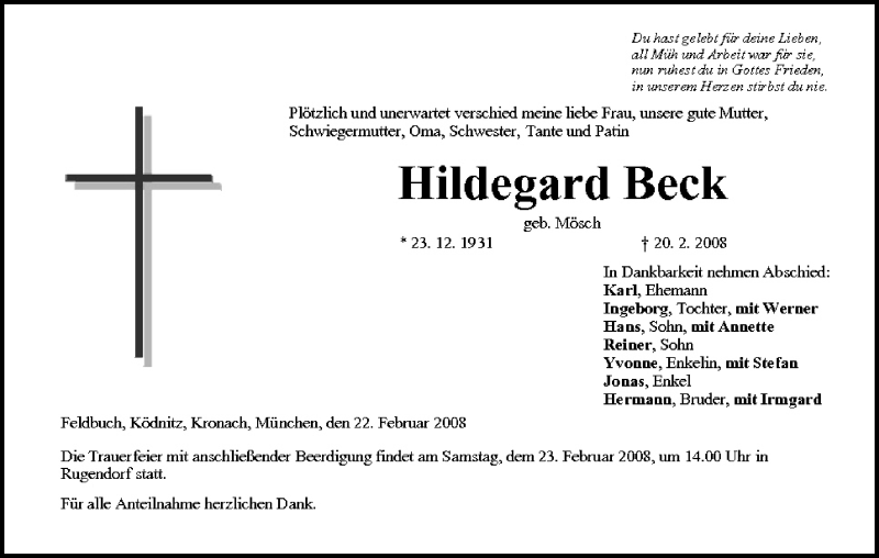  Traueranzeige für Hildegard Beck vom 22.02.2008 aus MGO