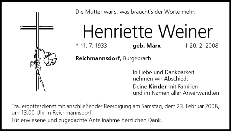  Traueranzeige für Henriette Weiner vom 22.02.2008 aus MGO