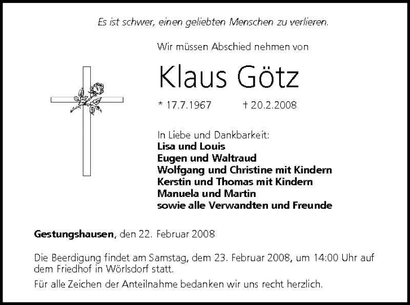  Traueranzeige für Klaus Götz vom 22.02.2008 aus MGO