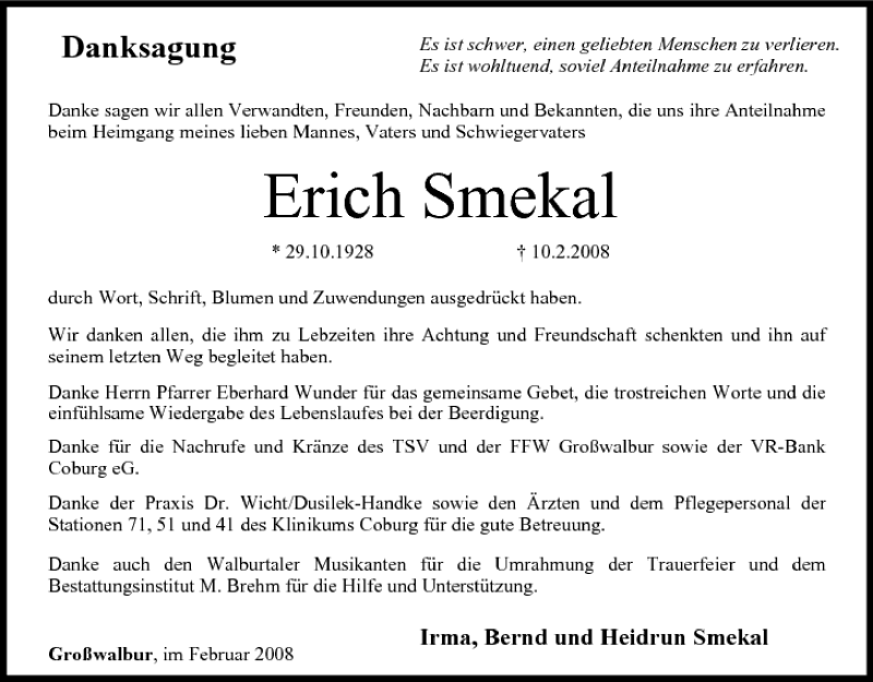  Traueranzeige für Erich Smekal vom 23.02.2008 aus MGO