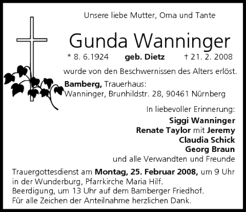  Traueranzeige für Gunda Wanninger vom 23.02.2008 aus MGO