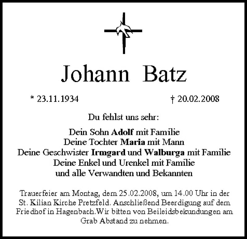  Traueranzeige für Johann Batz vom 23.02.2008 aus MGO