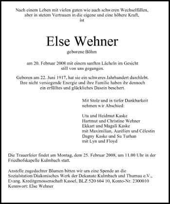 Anzeige von Else Wehner von MGO