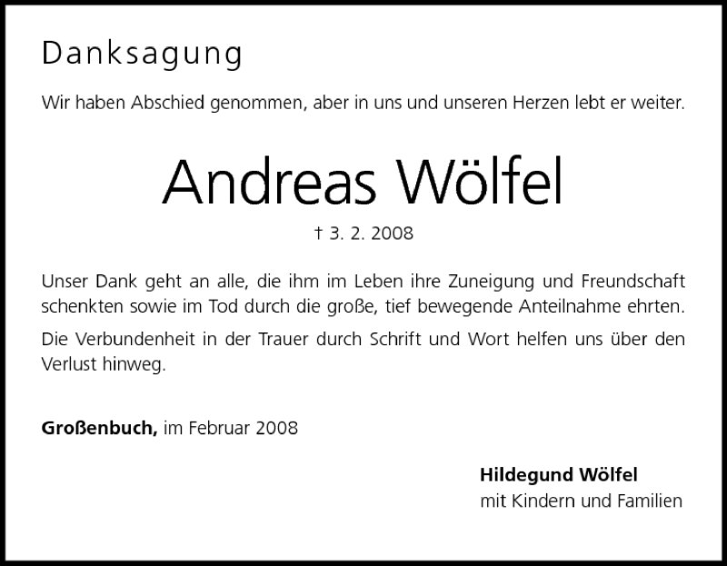  Traueranzeige für Andreas Wölfel vom 23.02.2008 aus MGO