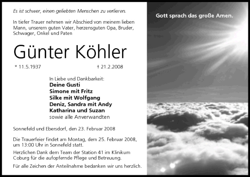  Traueranzeige für Günter Köhler vom 23.02.2008 aus MGO