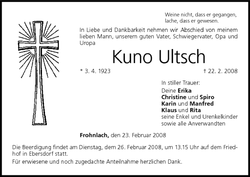  Traueranzeige für Kuno Ultsch vom 23.02.2008 aus MGO