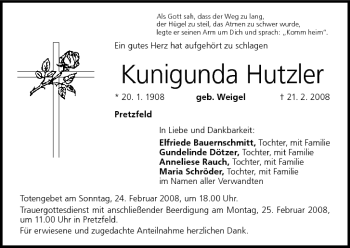 Anzeige von Kunigunda Hutzler von MGO