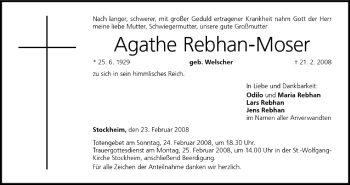 Anzeige von Agathe Rebhan-Moser von MGO