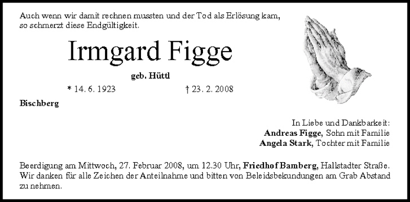  Traueranzeige für Irmgard Figge vom 25.02.2008 aus MGO