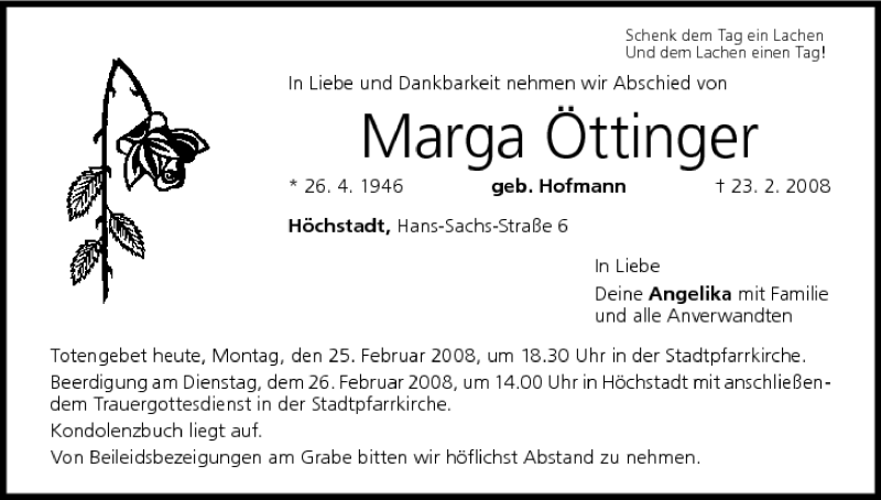  Traueranzeige für Marga Öttinger vom 25.02.2008 aus MGO