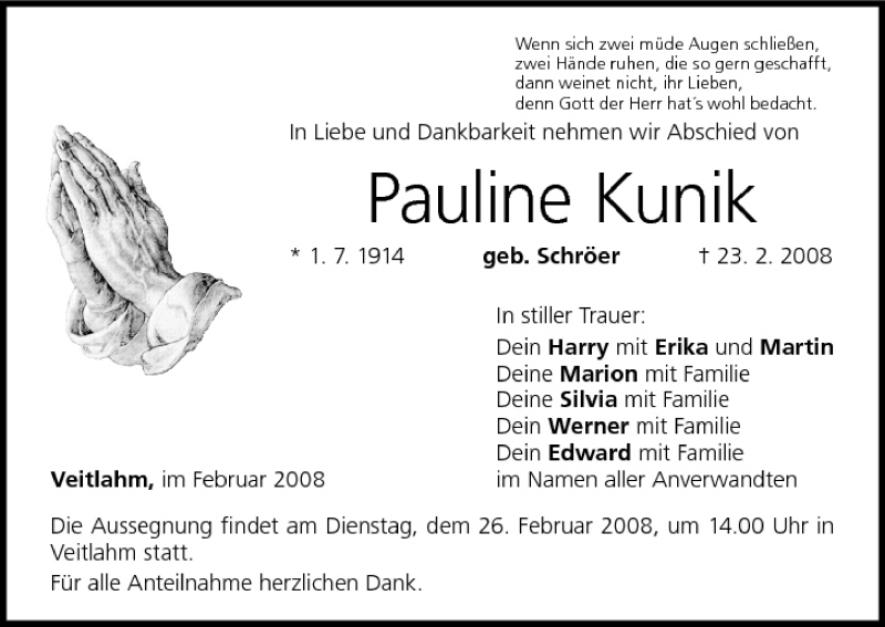  Traueranzeige für Pauline Kunik vom 25.02.2008 aus MGO