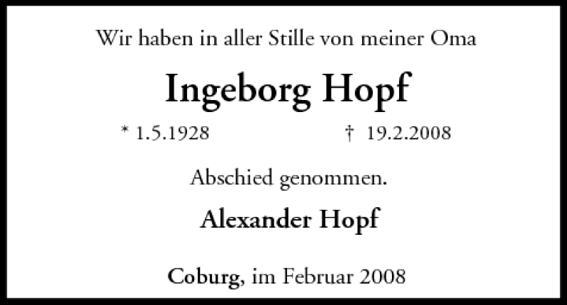  Traueranzeige für Ingeborg Hopf vom 26.02.2008 aus MGO
