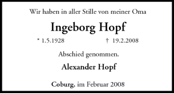 Anzeige von Ingeborg Hopf von MGO
