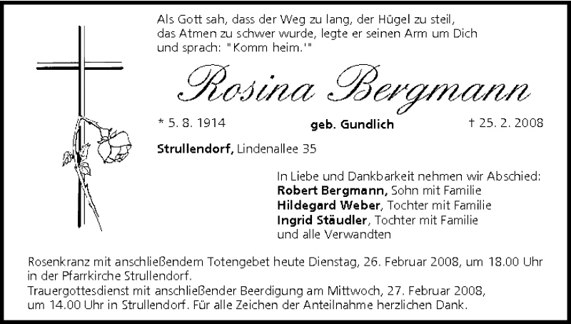  Traueranzeige für Rosina Bergmann vom 26.02.2008 aus MGO