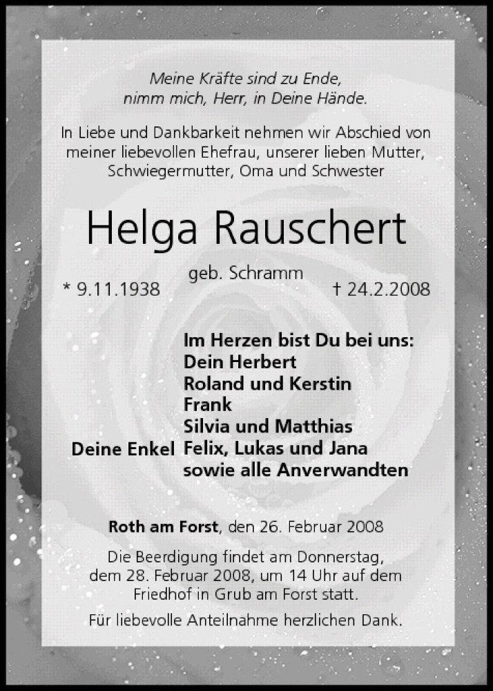  Traueranzeige für Helga Rauschert vom 26.02.2008 aus MGO
