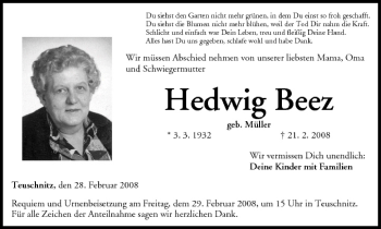 Anzeige von Hedwig Beez von MGO