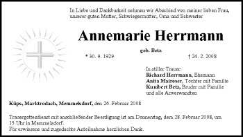 Anzeige von Annemarie Herrmann von MGO