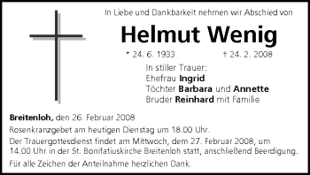 Anzeige von Helmut Wenig von MGO