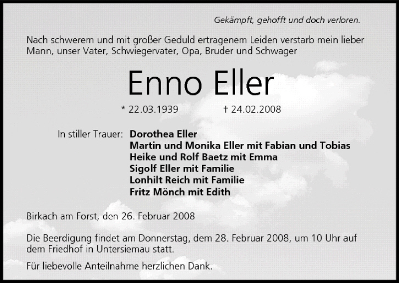  Traueranzeige für Enno Eller vom 26.02.2008 aus MGO