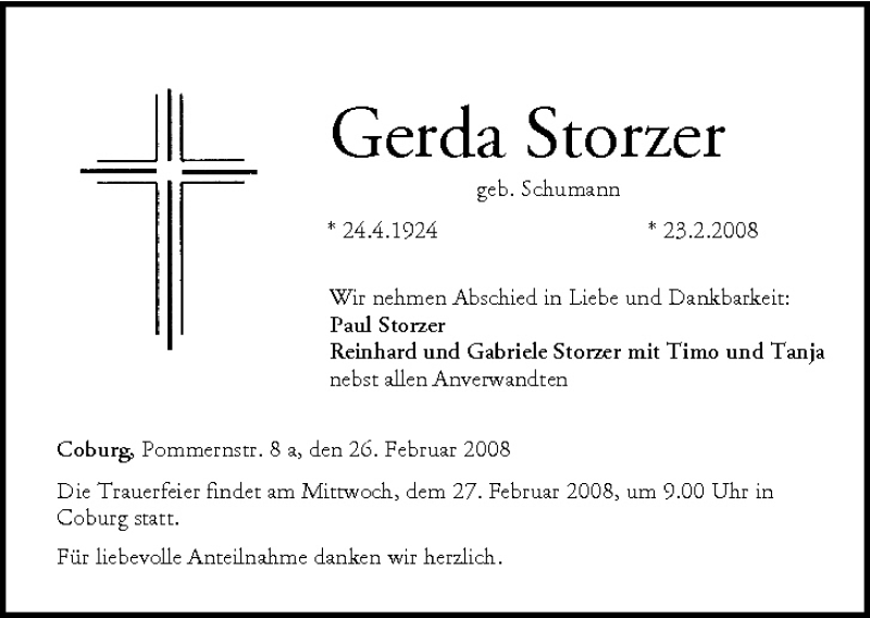  Traueranzeige für Gerda Storzer vom 26.02.2008 aus MGO