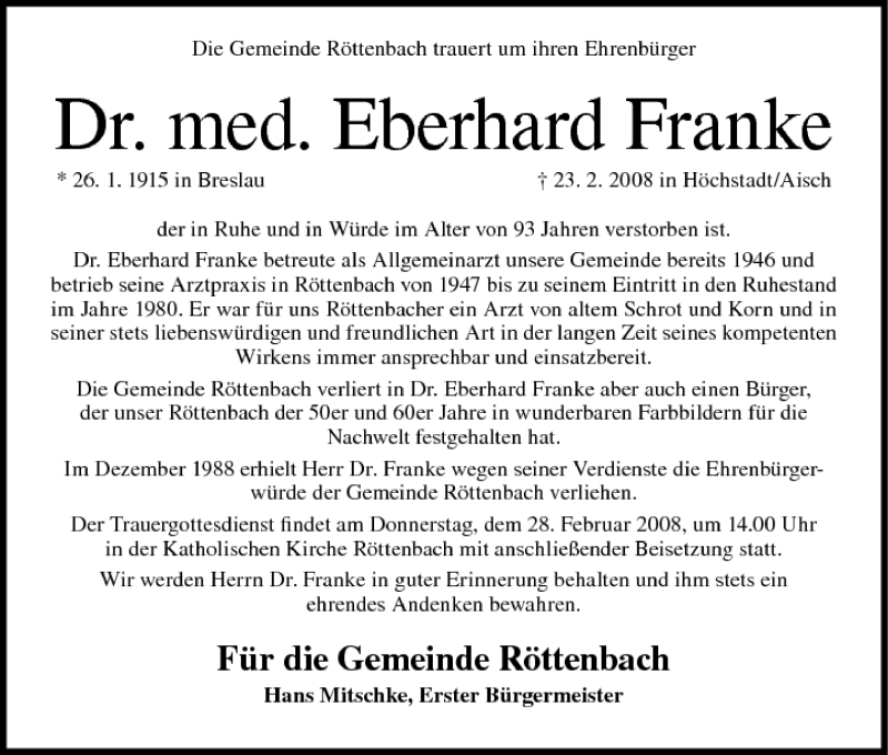  Traueranzeige für Eberhard Franke vom 26.02.2008 aus MGO