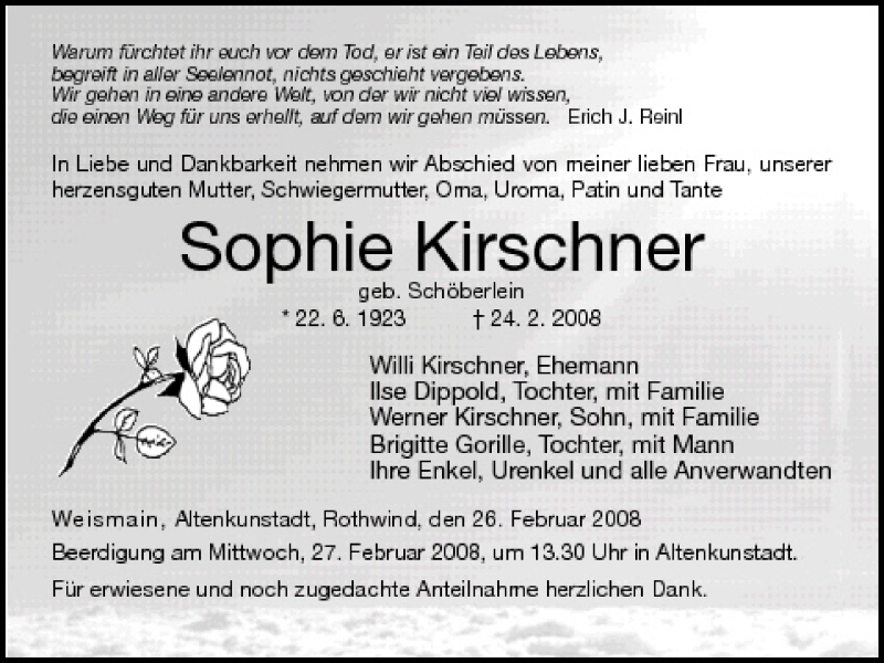  Traueranzeige für Sophie Kirschner vom 26.02.2008 aus MGO