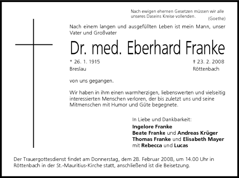  Traueranzeige für Eberhard Franke vom 26.02.2008 aus MGO