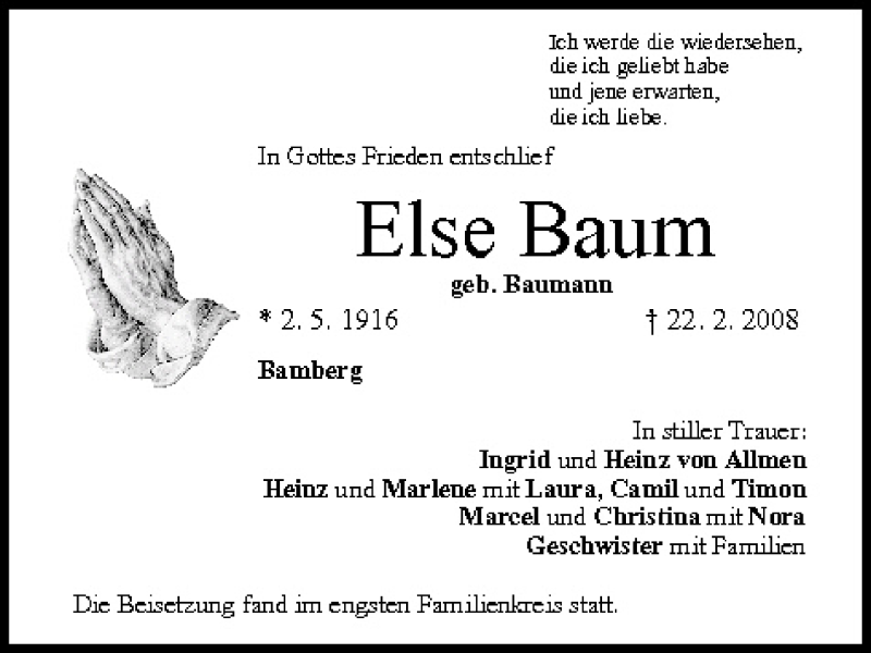 Traueranzeige für Else Baum vom 01.03.2008 aus MGO