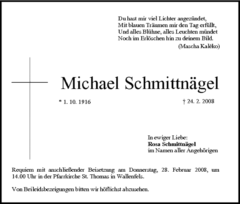  Traueranzeige für Michael Schmittnägel vom 26.02.2008 aus MGO
