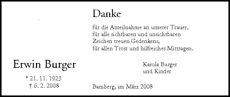  Traueranzeige für Erwin Burger vom 01.03.2008 aus MGO