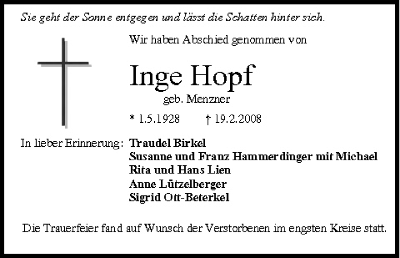  Traueranzeige für Inge Hopf vom 26.02.2008 aus MGO