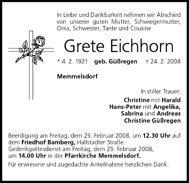  Traueranzeige für Grete Eichhorn vom 27.02.2008 aus MGO
