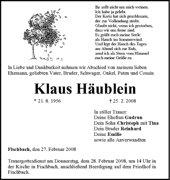 Anzeige von Klaus Häublein von MGO