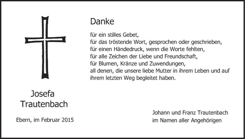  Traueranzeige für Josefa Trautenbach vom 28.02.2015 aus MGO