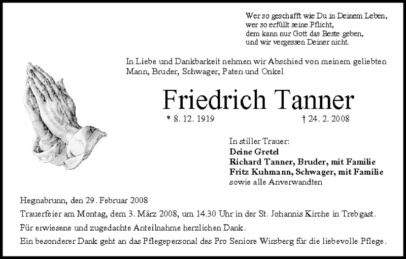  Traueranzeige für Friedrich Tanner vom 29.02.2008 aus MGO