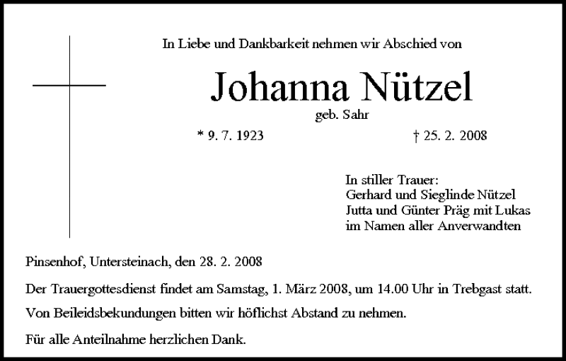 Traueranzeige für Johanna Nützel vom 29.02.2008 aus MGO
