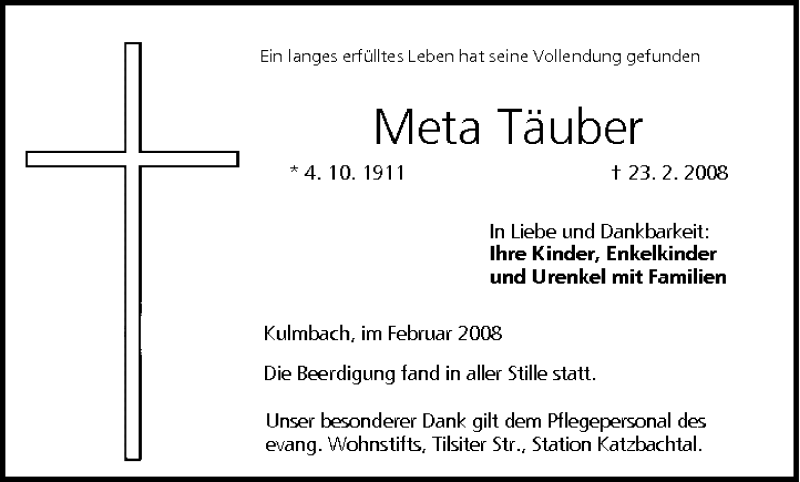  Traueranzeige für Meta Täuber vom 01.03.2008 aus MGO