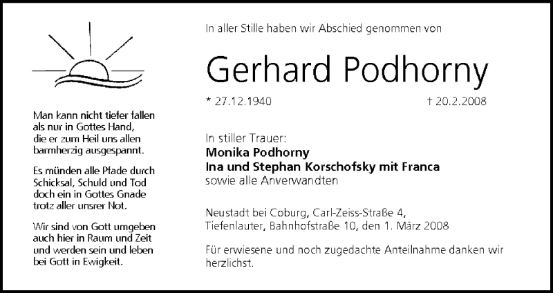  Traueranzeige für Gerhard Podhorny vom 01.03.2008 aus MGO
