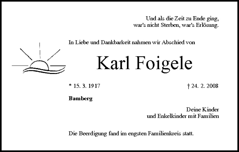 Traueranzeige für Karl Foigele vom 01.03.2008 aus MGO